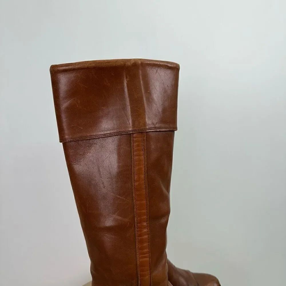 Frye Women’s Vintage 1970s Fold Cuff Knee Block Heel Cognac Leather Boot - Picture 3 of 14